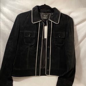 Black Leather coat with white piping